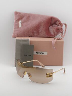 Miu Miu MU B53S 5AK20P Rimless Shield Sunglasses – Gold / Brown